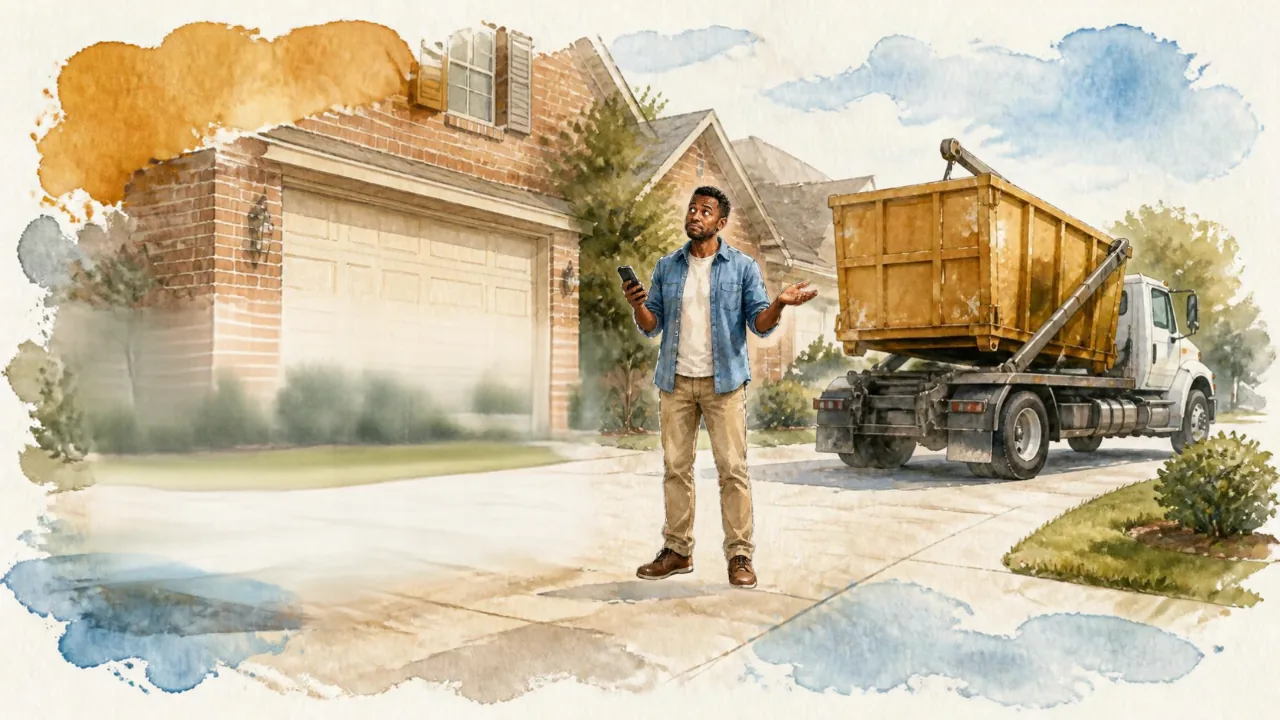 Watercolor illustration of a puzzled homeowner standing in his driveway with a phone in hand, shrugging, as a truck drops off a dumpster behind him.