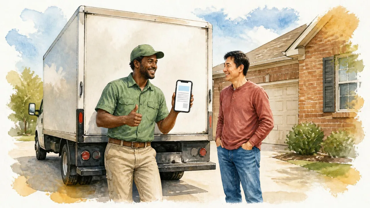 Watercolor illustration of a smiling hauler in a green cap holding up a phone showing a document beside his box truck, talking with a relieved homeowner in a driveway.