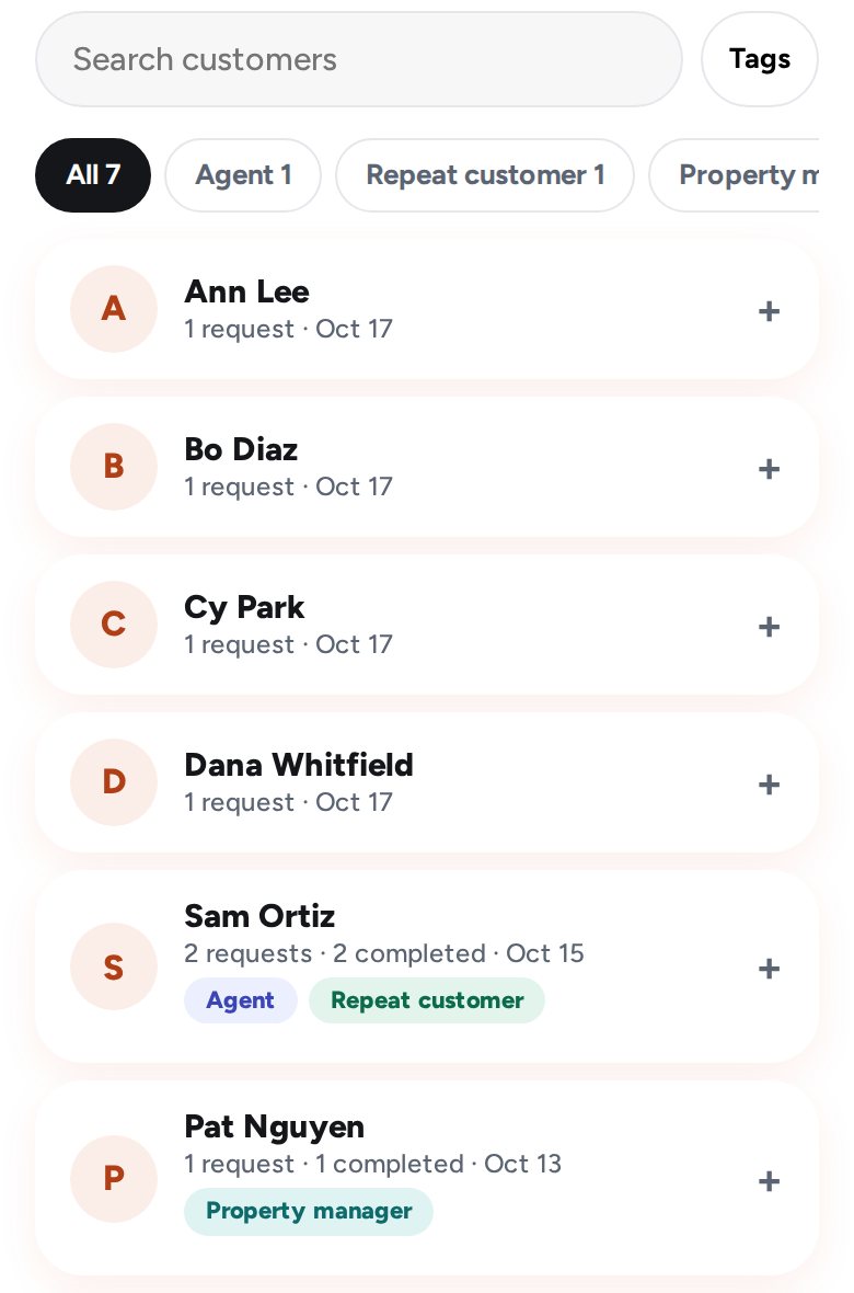 Customer list with search and tag filters, showing Agent, Repeat customer and Property manager tags