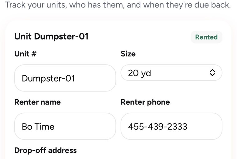 A dumpster unit card with a Rented badge, unit number, size and renter details