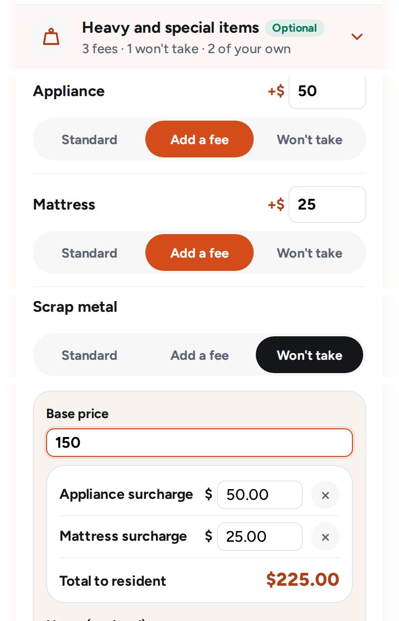 Hauler settings with fees set for appliance and mattress and scrap metal marked won&rsquo;t take, above an itemized quote with a $225 total