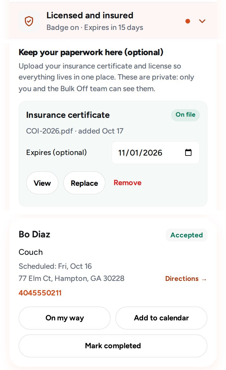 Licensed and insured settings showing an insurance certificate on file with an expiry date, above a pickup card with an Add to calendar button