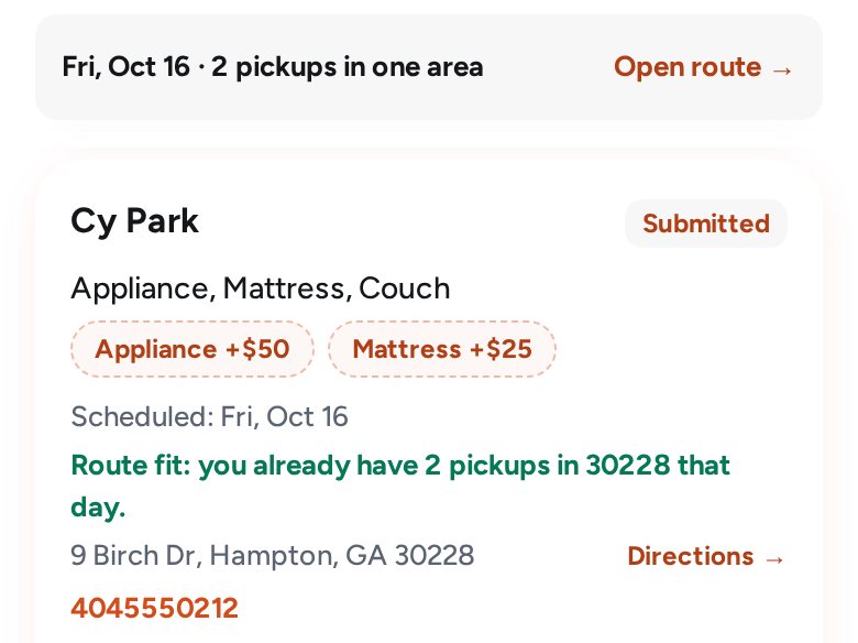 Upcoming pickups header showing 2 pickups in one area with an Open route link, above a request card noting a route fit